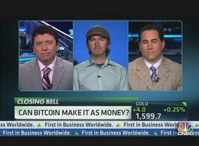 CNBC television panel discussing whether Bitcoin could function as money during an early mainstream media debate on cryptocurrency.